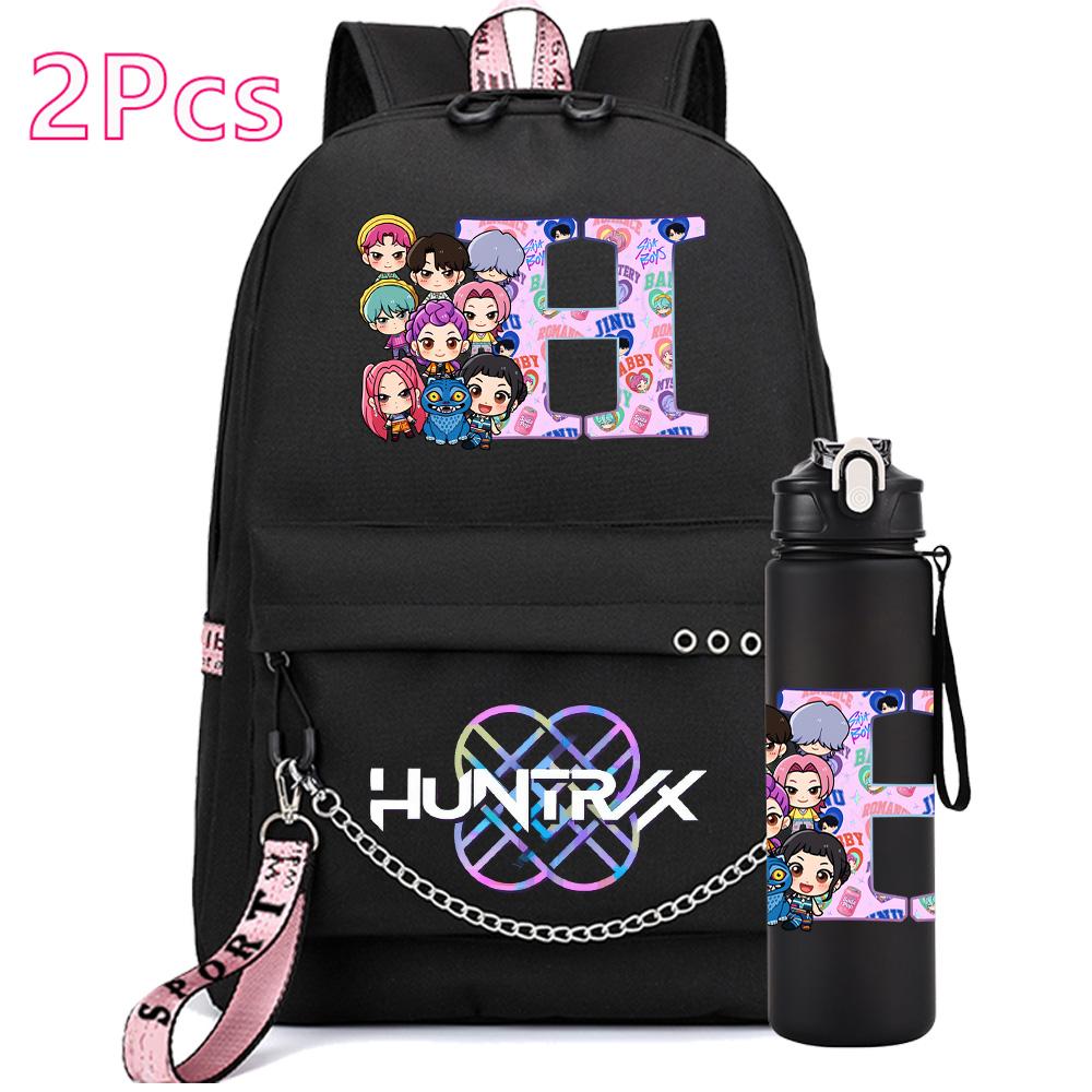 2Pcs/set 26 English Letter K-pop Printed Backpack with 750Ml Water Bottler for Teenager Girl Boy Bookbag Kid Gift Large Capacity Waterproof Travel Bag