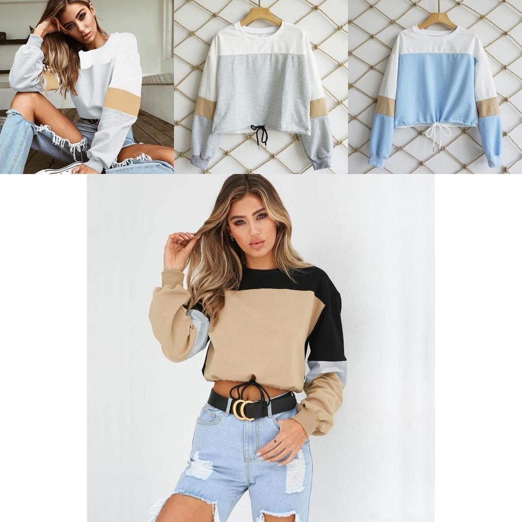 Winter Woman Autumn Color Patchwork Long Sleeve Round Neck Tie Sweatershirt