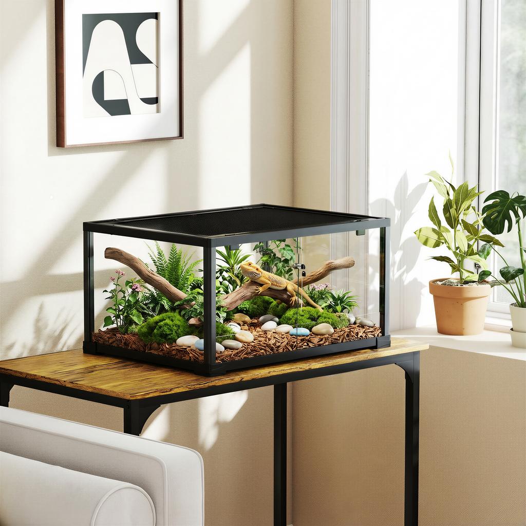 Terrario per Rettili, Vivario da 86 Litri con Porta Scorrevole, Chiusura a Chiave, per Lucertole, Insetti, Ragni, Geco, 60 x 45 x 32 cm, Nero