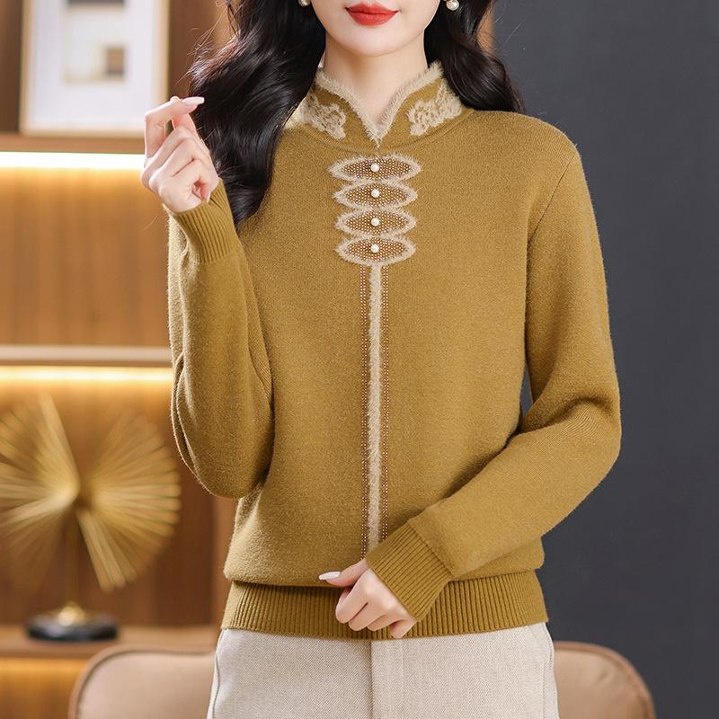 Autumn/Winter Velvet Cheongsam Collar Sweater for Middle-Aged Women - Warm, Stylish Red Top