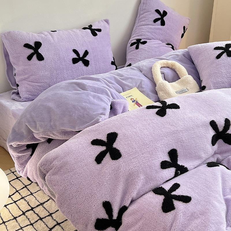 Thickened Milk Fleece Four-Piece Set, Flange Coral Fleece Quilt Cover, Bed Sheet Three-Piece Set