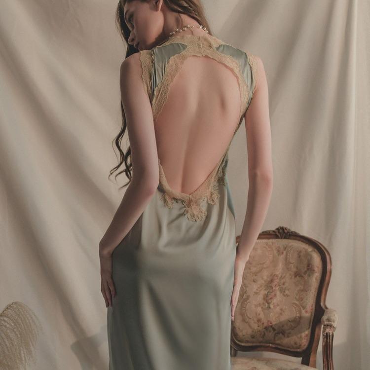 Sexy pajamas women's ice silk summer thin style big beauty back long style knee nightgown new style lace edge pure desire