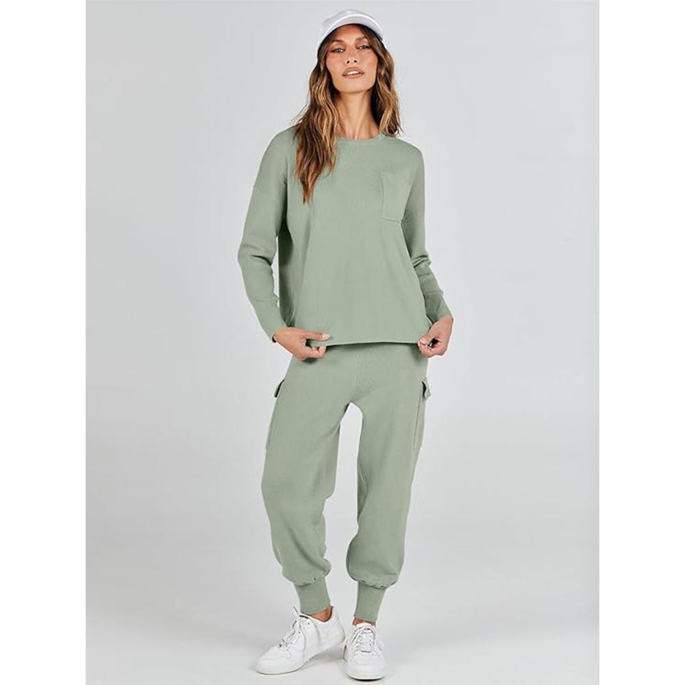 Tankaneo Women's Lounge Set - Striped Knit Tie-Front Top & Wide Leg Pants, 2-Piece Pajama Outfit