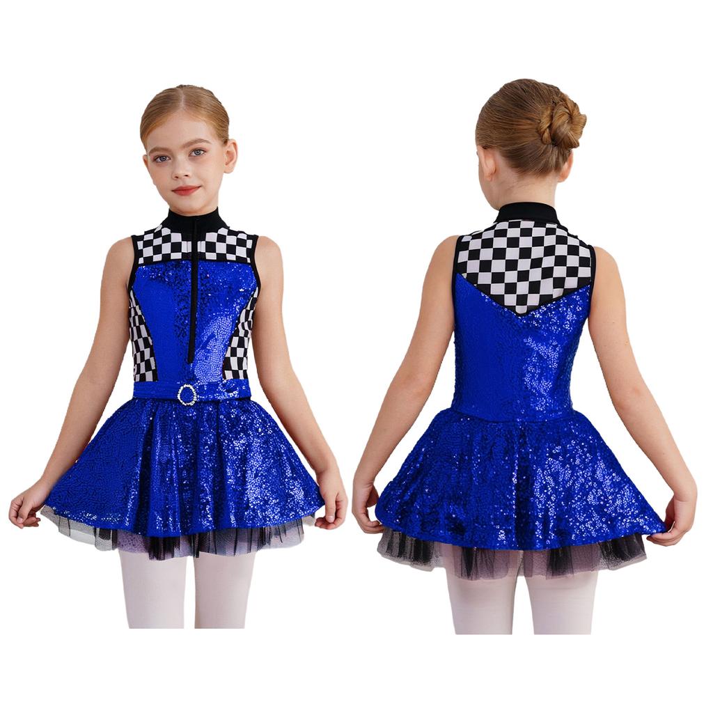 Sleeveless Race Car Costume Dress for Girls: Sparkly Sequin Top with Checkerboard Pattern & Easy Zip Front with Attached Shorts
