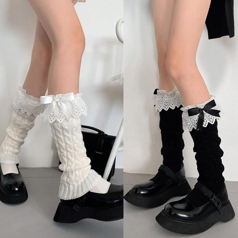 Winter Autumn Twist Cable Knitted Leg Warmers Cute Bowknot Ruffled Lace Foot Covers Middle Tube Calf Socks for Women