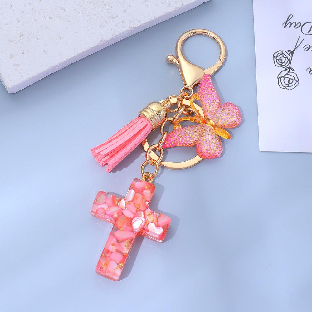 Resin Cross Keychain Butterfly Tassel Pendant