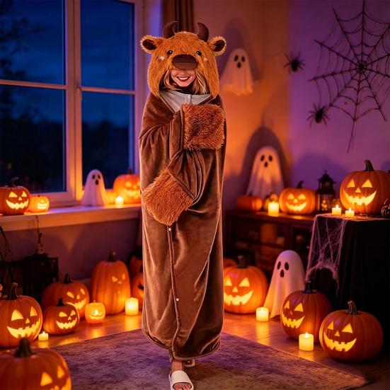 Manta Acondicionada Acogedora Sudadera Portátil de Halloween, Capa de Vaca de las Highlands con Capucha, Suave Regalo para Ella Perezoso de Peluche Capa de Gato Negro Ropa de Casa para Mujer