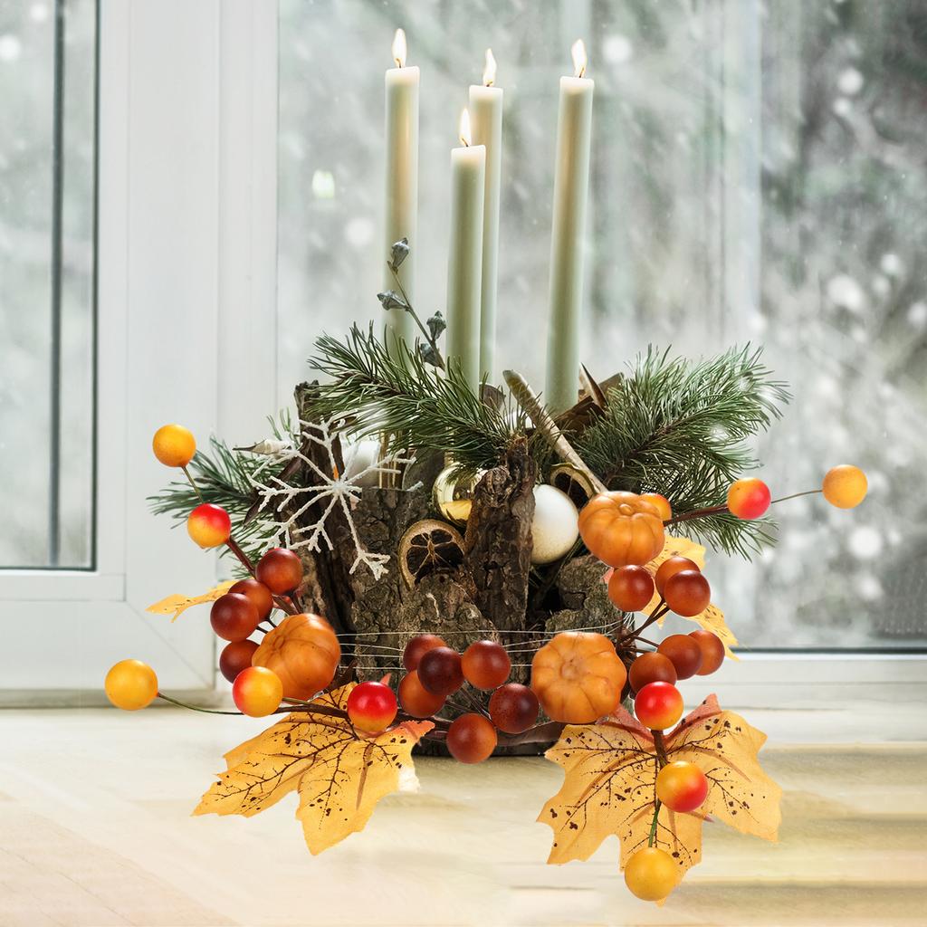 Fall Candle Rings Wreaths Decorative Candle Rings with Artificial Leaves Pumpkin Berries