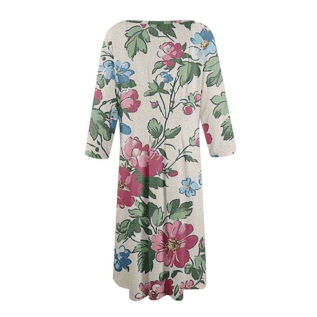 Dámské ležérní módní midi šaty s kulatým výstřihem a tříčtvrtečními rukávy s květinovým potiskem