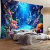 2D Deep Sea World Tapestry, Blue Ocean Cave Coral Wall Hanging for Home Decor