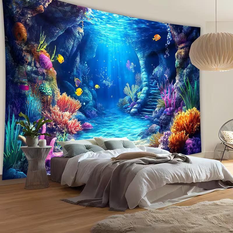 2D Deep Sea World Tapestry, Blue Ocean Cave Coral Wall Hanging for Home Decor
