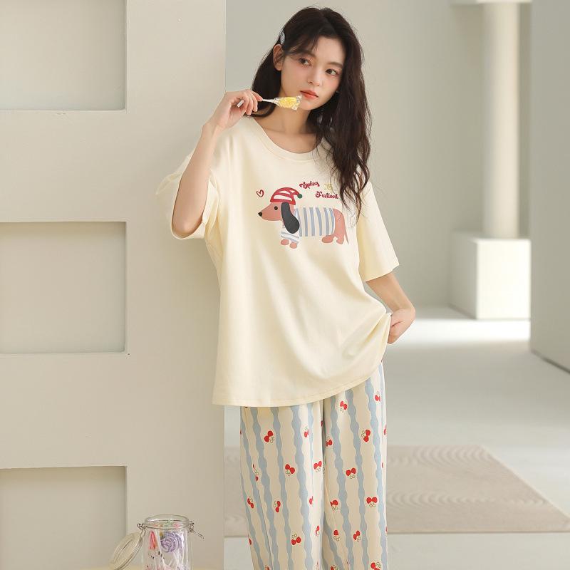 Women's Cartoon Cotton Pajama Set: Short Sleeve & Seven-Point Pants, Outdoor Wearable, Cute Summer Style