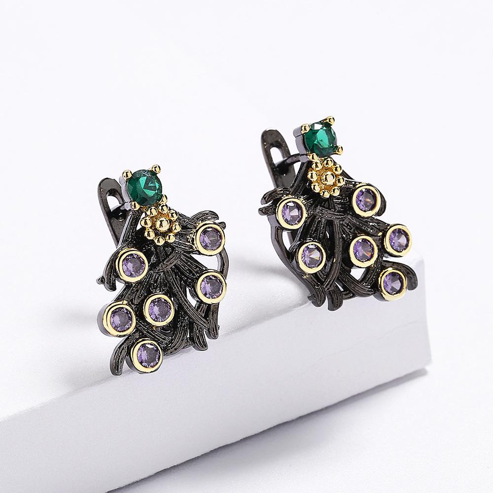 Purple Zircon Flower Earrings Womens Elegant Classic Black and Gold Earrings