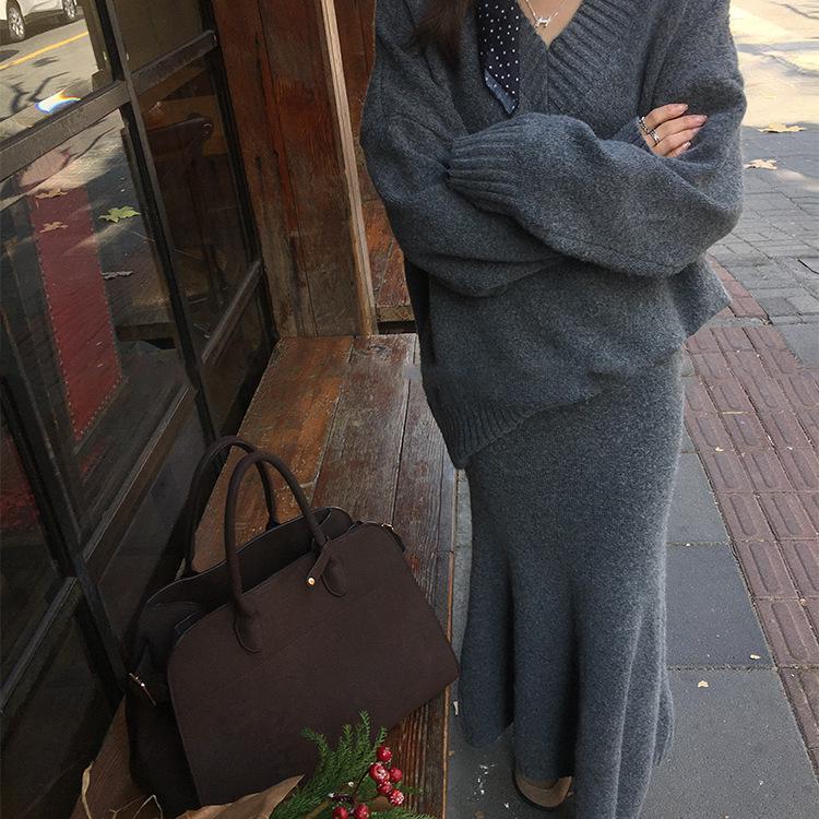 Early Autumn Retro V-neck Sweater Set & Fishtail Midi Skirt for Women