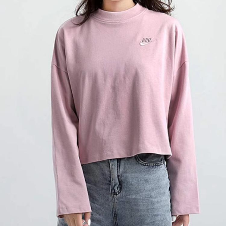 Nike Sports Lifestyle Series Solid Color Logo Embroidered Round Neck Long Sleeve T-Shirt Women Tops Pink CZ3557-516