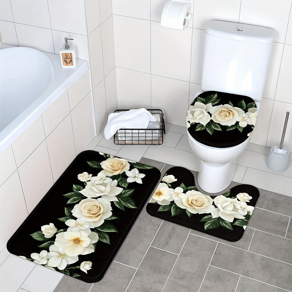 For 3-Piece Rose Valentine Bathroom Set - Machine Washable Polyester with Toilet Seat, U-Shaped Seat and Non-Slip Mat
