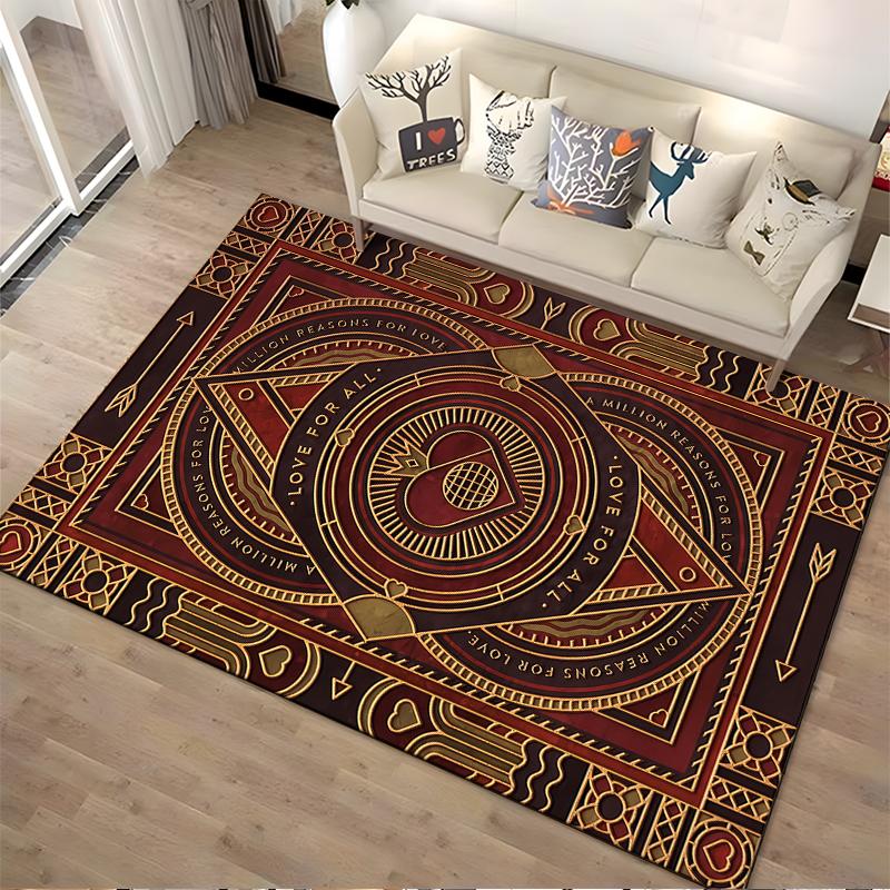 Geometric Pattern Carpet with "Love for All" Text, Red and Gold Design Suitable for use as an anti-slip for living room bedroom sofas