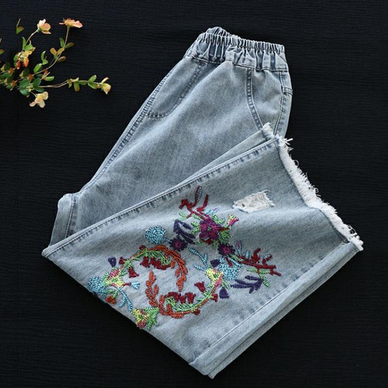 Vintage Style Embroidery Denim Pants Female Summer New Cropped Straight Leg Wide Leg Pants for Women High Waist Loose Tassels Jeans Women 2025