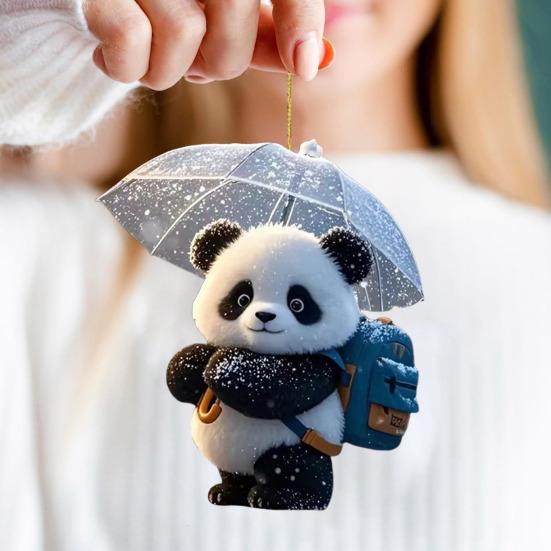 Panda Christmas Ornament 2D Acrylic Cartoon Panda Christmas Tree Hanging Ornament Cute Car Interior Accessories for Car Rear View Mirror Xmas