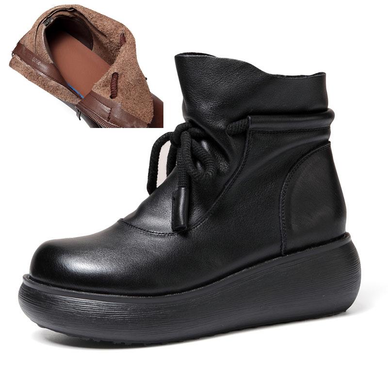 Johnature Genuine Leather Thick Soled Women's Wedges Short Boots Vintage Women's Platform Shoes