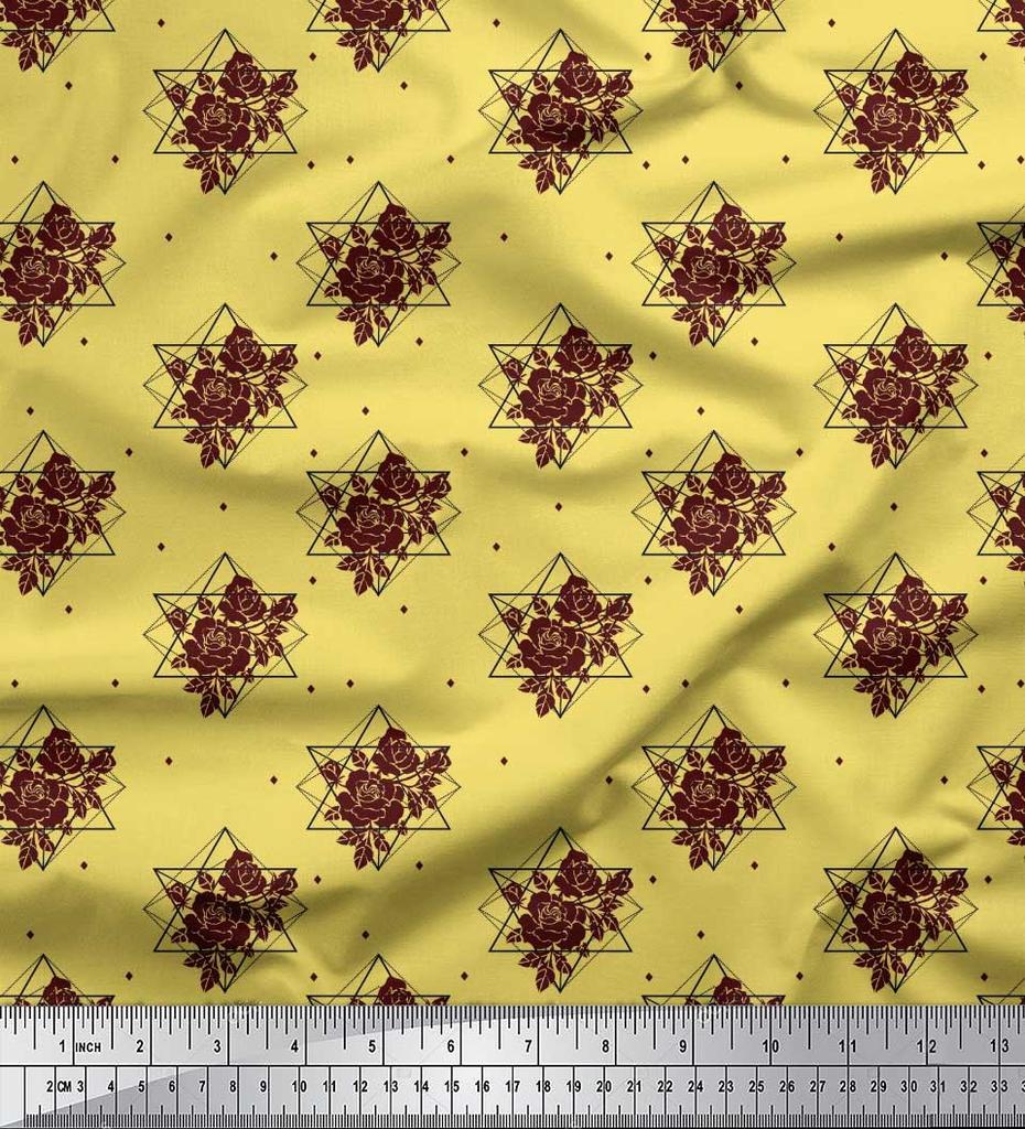 Soimoi Green Poly Crepe Fabric Geometric & Rose Floral Printed Fabric 1 Yard 42 Inch