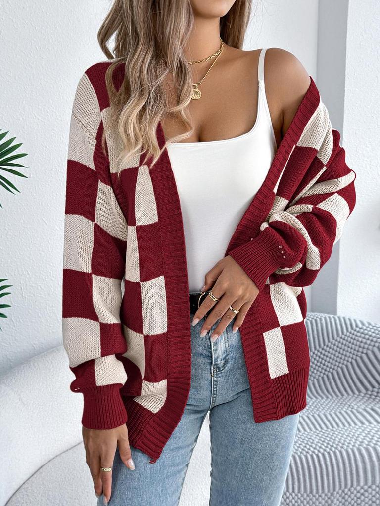 Herbst/Winter Colorblock Karomuster Laternenärmel Strickjacke Pullover Lange Oberbekleidung für Damen