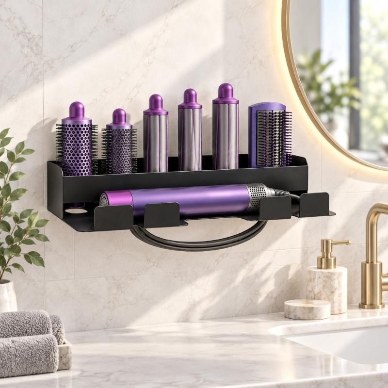 Adhesive-Mounted Hair Dryer and Curling Iron Holder with Open Wall Storage and Front Cord Retainers for Dressing Spaces