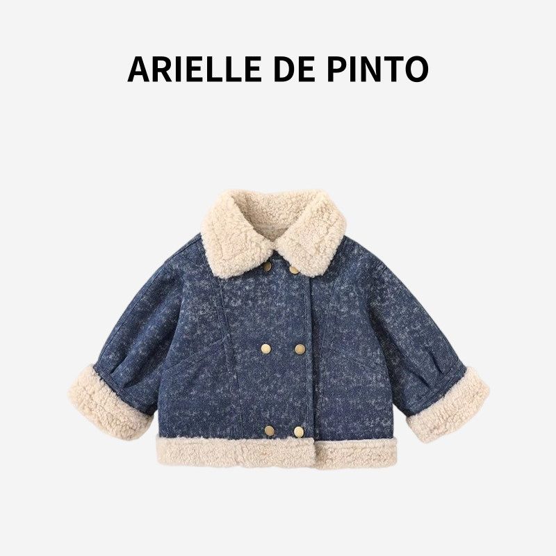 French Arielle De Pinto Girls  Winter Denim Jacket Warm Clothing Thickened Wool Sweater Cowboy Blue 140