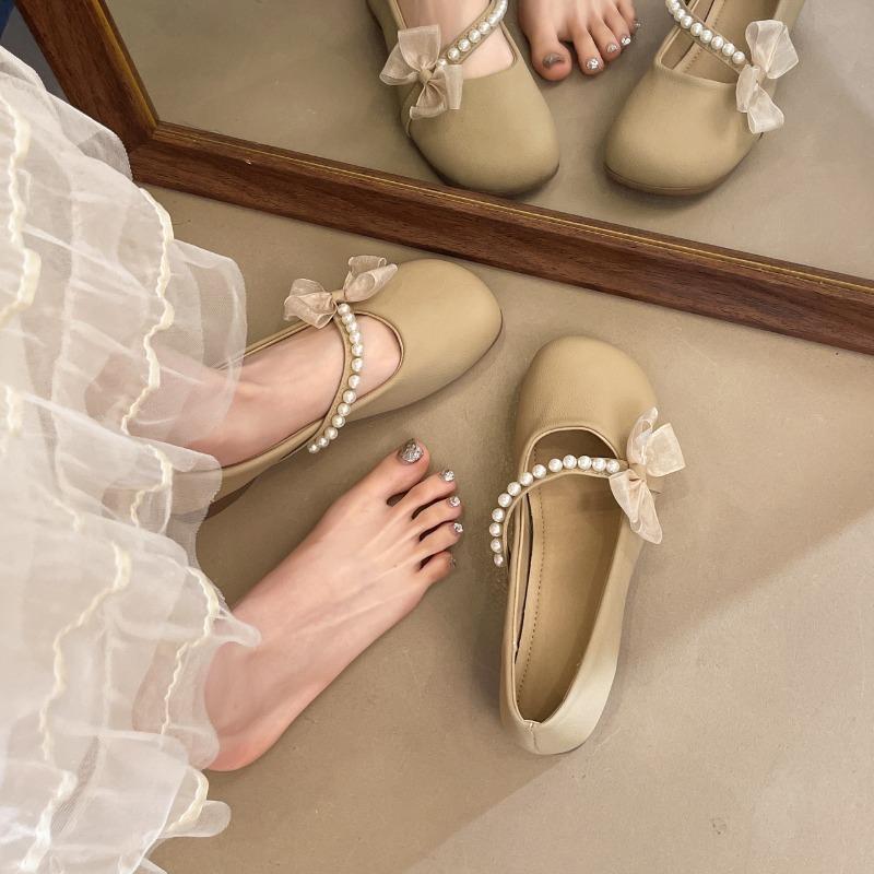 Spring Single Shoes Women Outside Wear Autumn New Round Toe Beaded with Skirt Lace Bow Slip-on Soft Sole Flats