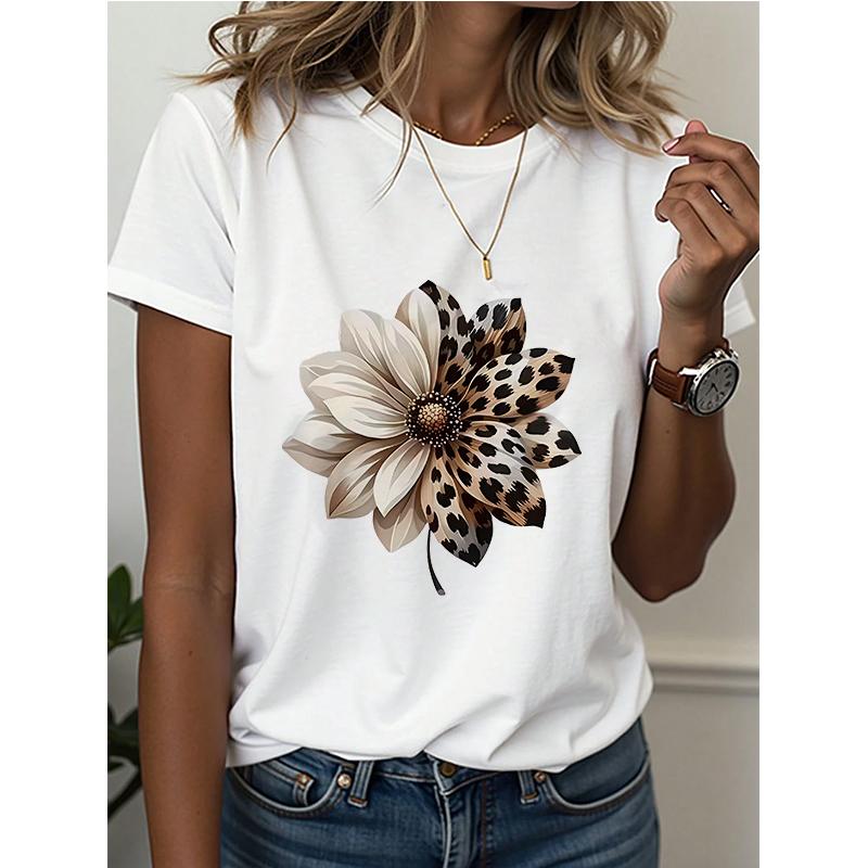 Women's Leopard Print Casual Round Neck T-shirt Top T-shirt, Seasonal Short Sleeved T-shirt, Women's T-shirt Clothes