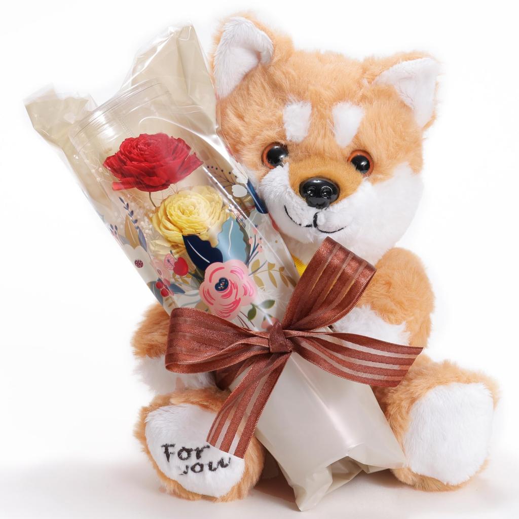 liLYS Preserved Flower Shiba Inu Plush Toy with Single Perfect Gift for and Birthdays Blue x épice Rose, Celebrations, Anniversaries, (Shiba Inu,