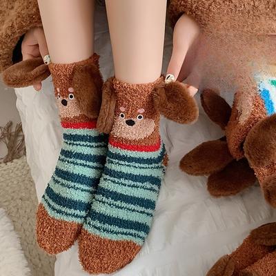 Coral Fleece Floor Socks for Women, Thickened and Fleece Postpartum Socks for Autumn and Winter, Cute Cartoon Dog Warm Sleep Socks