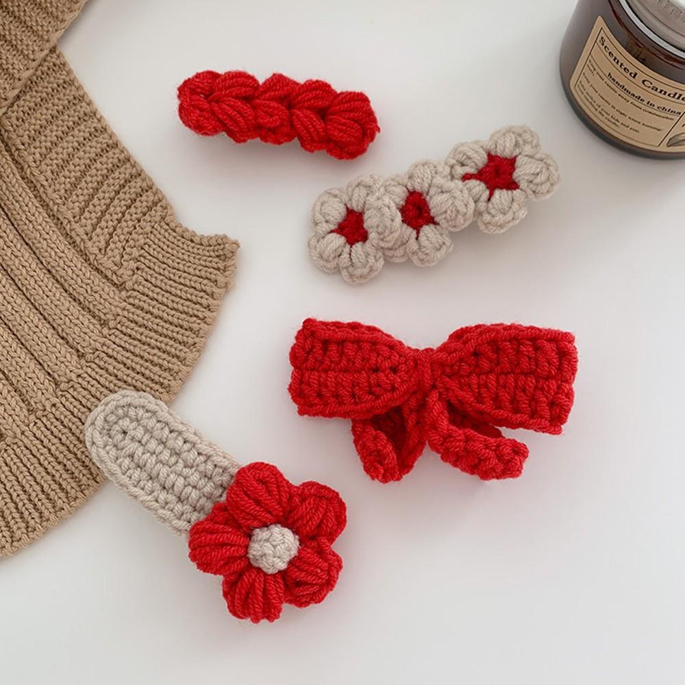 4Pcs Cute Knit BB Hair Clips, Handmade Flower Border Clips,Bow Bang Clips for Kids,Suitable for Chrismas Festival Celebration