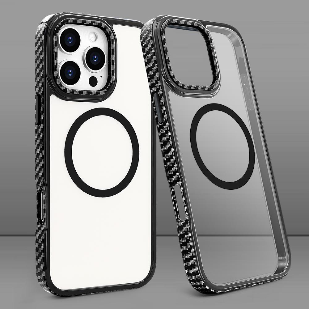 For iPhone 16 pro Max Strong Magnetic Phone Case Carbon Fiber Pattern Frame Transparent Cover for iPhone 16 pro, Wireless Charge