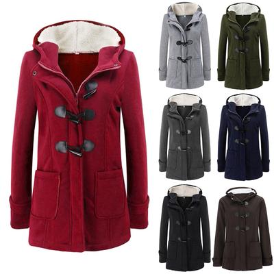 Women's  Fashion Solid Color Coat Pocket Hooded Bull Horn Button Zipper Jacket Coat