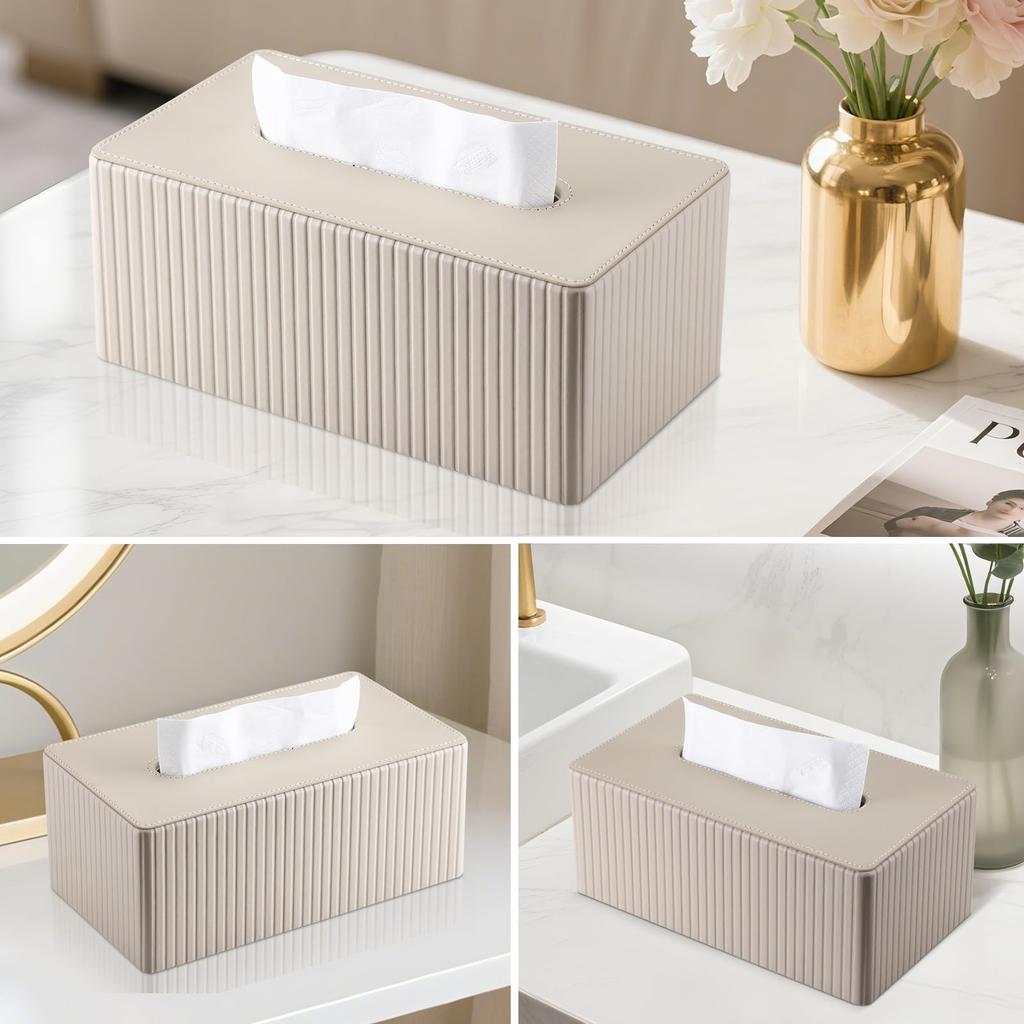 KINGFOM Tissue Case, Modern PU Leather with Stripes, Tissue Cover Box, Paper Towel Case, Tissue Holder, Stylish, Available In 3 Colors, Holds 150-250