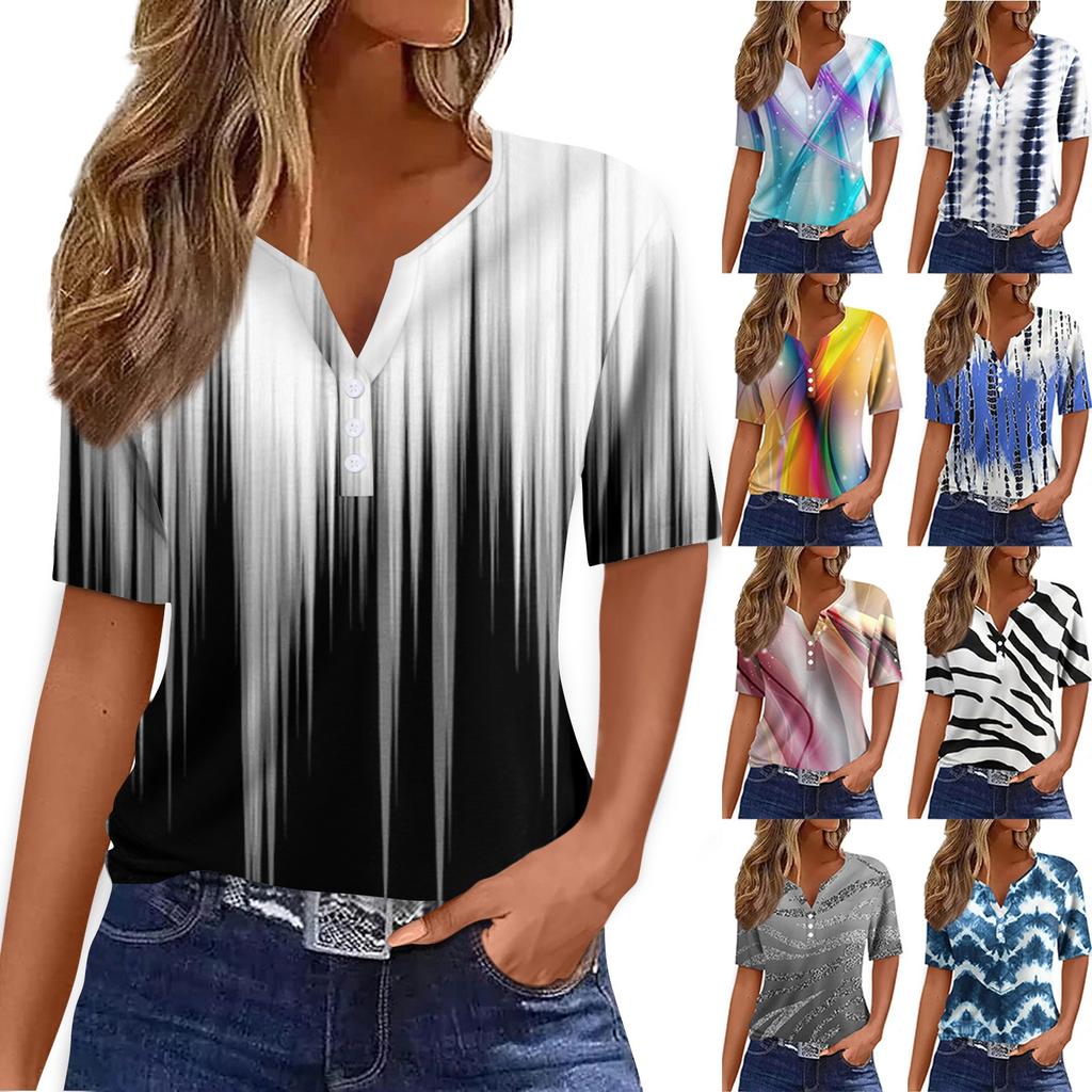 Women's T Shirt Tee Print Button Short Sleeve Daily Weekend Fashion Basic V- Neck Regular Top