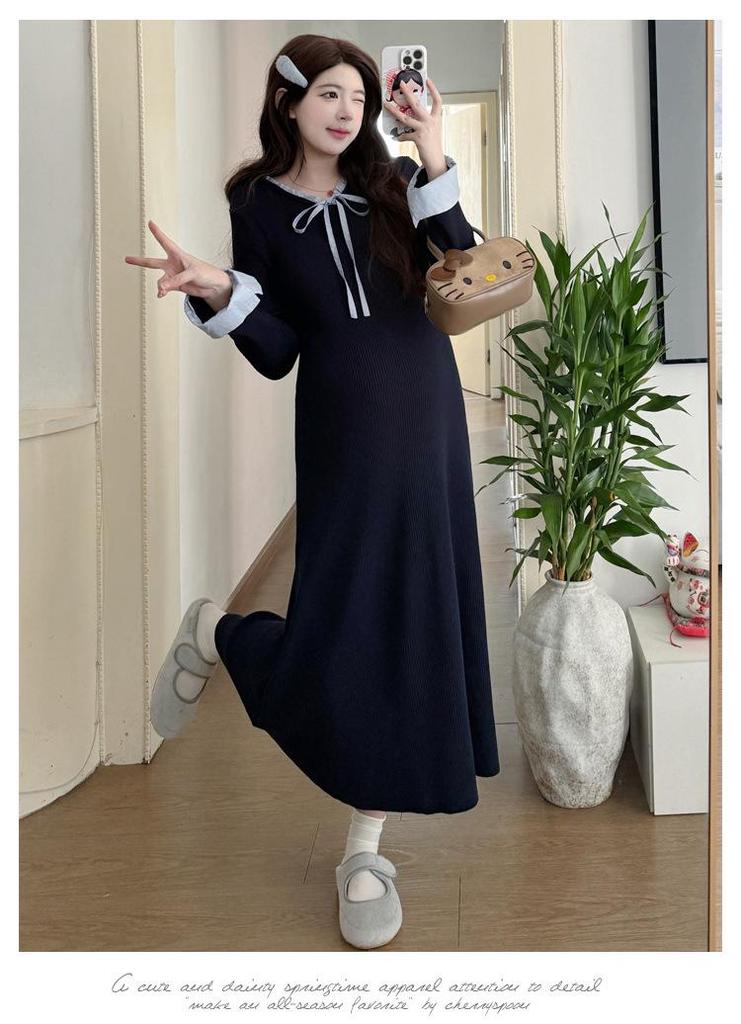 Autumn/Winter 2025 French-Style High-End Navy Blue Maternity Dress