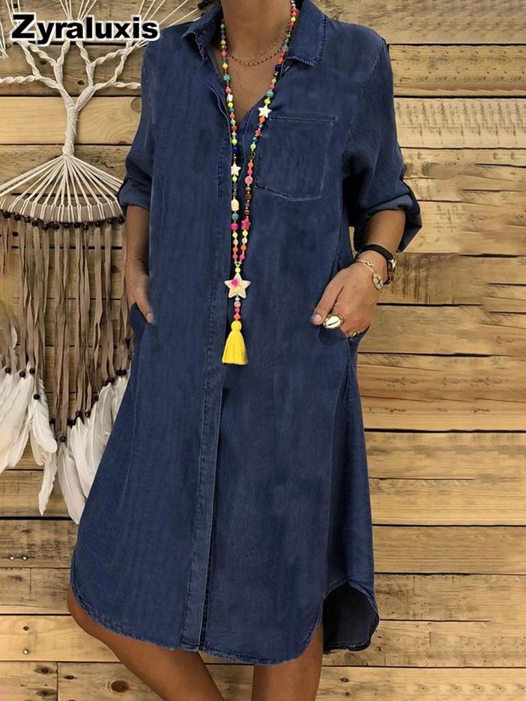 Plus Size Women's Denim Dresses Solid Color Loose Fit Casual Dress