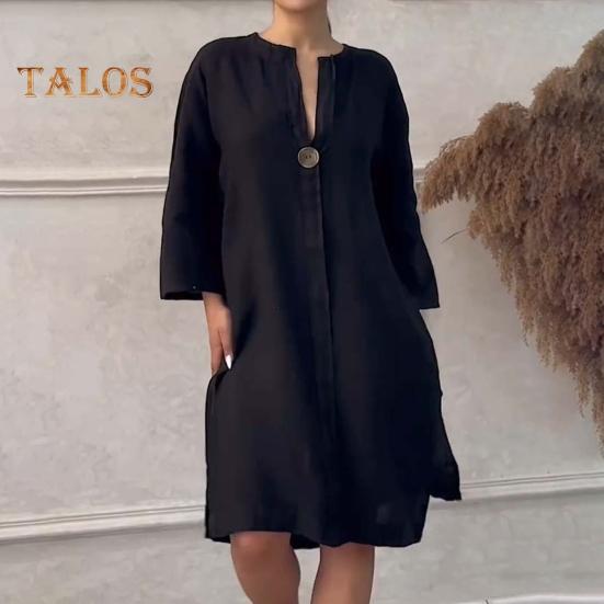 Robe mi-longue ample à col en V et manches trois-quarts pour femme, couleur unie, ourlet fendu, boutons décoratifs, tenue quotidienne décontractée