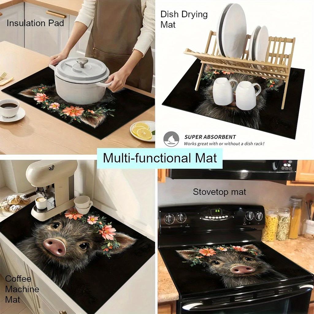 1Pcs Rubber Drying Mat With Capybara Floral Print For Coffee Shop Restaurant Kitchen Carpet Tableware Durable Diatom Mud Table Mat Pet Mat Coffeeware