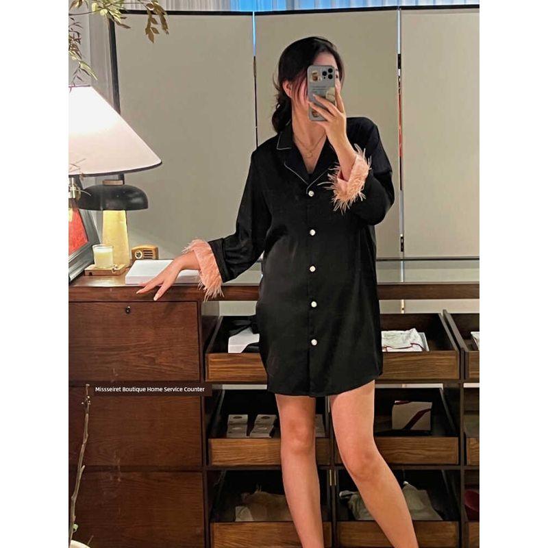 Dutch Original Order ~ Diamond Buckle Black Feather Nightdress Women's Detachable Long Sleeves Pants Single-Breasted Suit Homewear