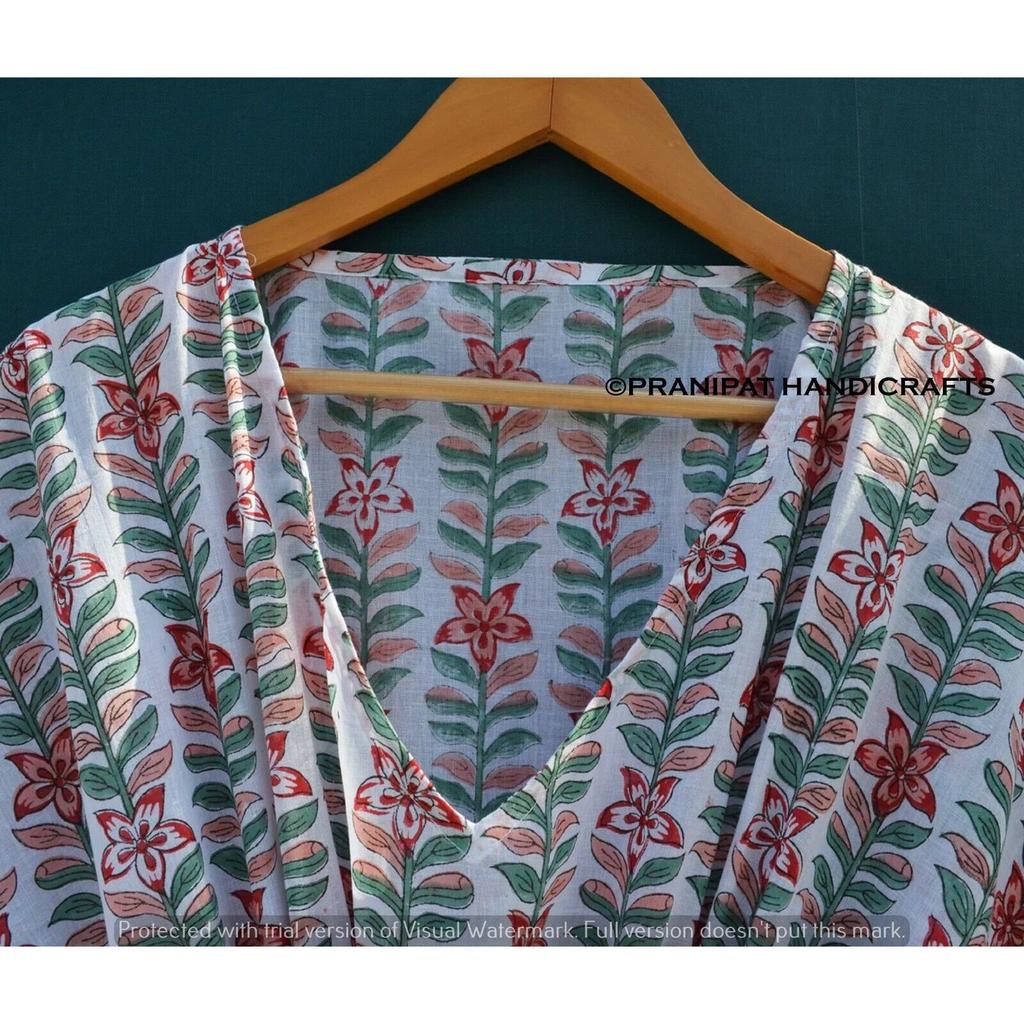 Damen Hippie Baumwolle Sommer Nachtwäsche Blumendruck Weiß Langes Maxi Kaftan Kleid CKFTN-SCRN-FULL-BUYIT-097