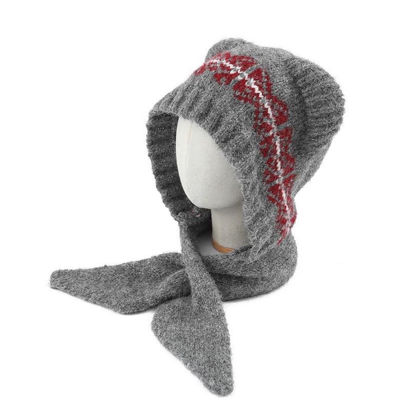Fair Island Bear Ears Jacquard Knitted Hat Women's Versatile Warm and Cold-proof Big Head Circumference Face Protection Neck Wool Hat