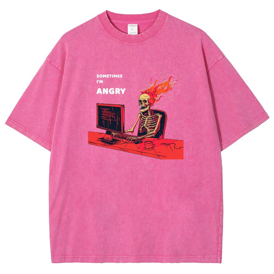 Skull Play Computer Print Women's T-Shirt Cotton Wash Oversized Loose Short Sleeve Design High Street Top Summer