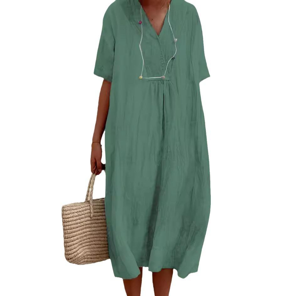 Women's 2025 Spring/Summer Casual Slimming Cotton Linen Dress - Versatile Solid Color, Hot Selling Style