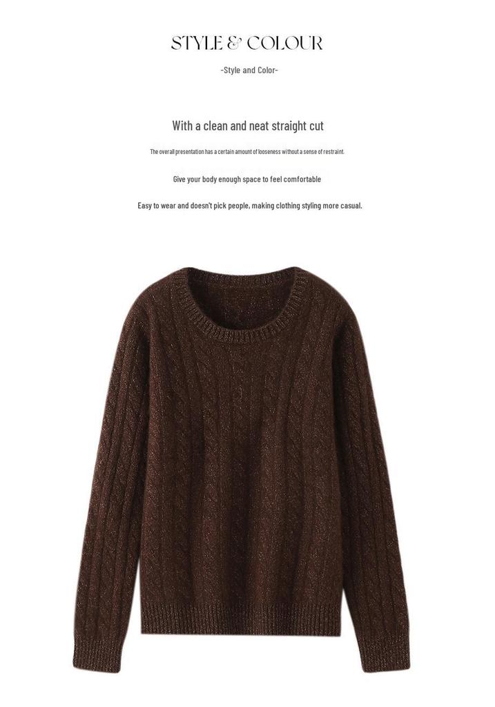 Women's 2024 Cashmere Cable Knit Crew Neck Sweater, Versatile Twisted Base Layer for Autumn/Winter