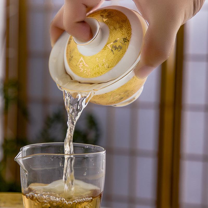 Jadekeramik mit Emaillefarbe, Palaststil, Haushalts- und Büro-Teeset, Große Drei-Talente-Gaiwan