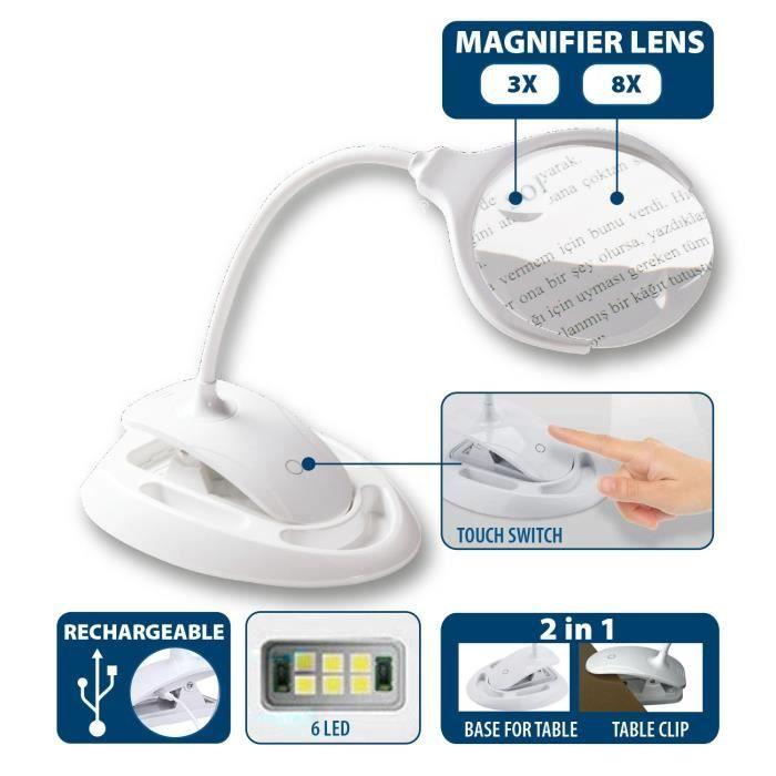 Lampe LED - VELAMP - Modèle Rechargeable - Loupe 3X/8X - Luminosité réglable - Design contemporain