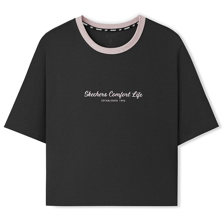 Skechers Short Knit Versatile Loose Short Sleeve Drop Shoulder T-Shirt Women tops Carbon-Black L225W217-0018 S